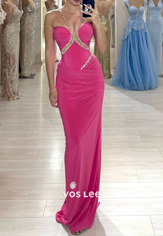 Fuchsia Sweetheart Rhinestone Pleated Long Mermaid Prom Dresses
