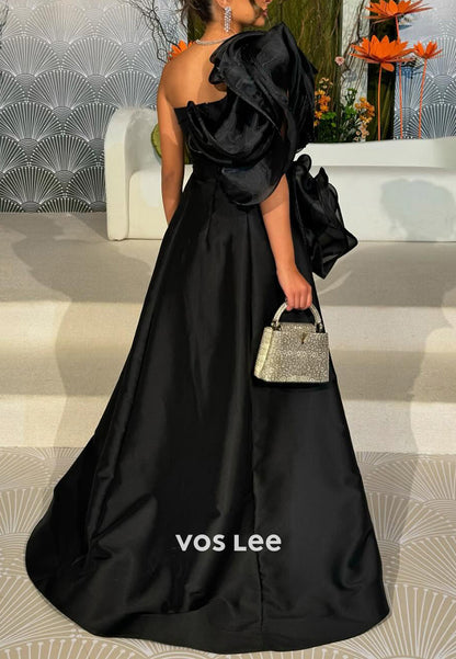 Simple A-Line One Shoulder Pleated Evening Dresses Party Dresses with Sweep Train