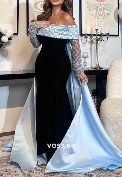 Long Sleeve Off the Shoulder Sequined Beaded Embellished Mermaid Evening Dresses