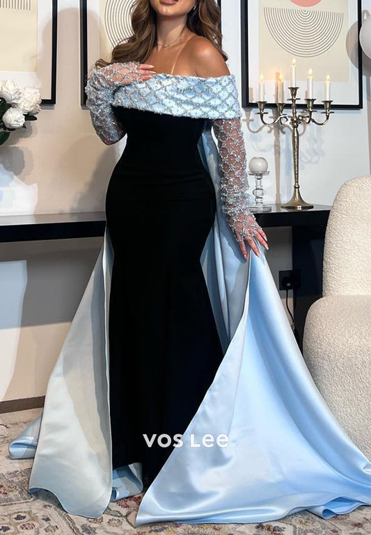 Long Sleeve Off the Shoulder Sequined Beaded Embellished Mermaid Evening Dresses