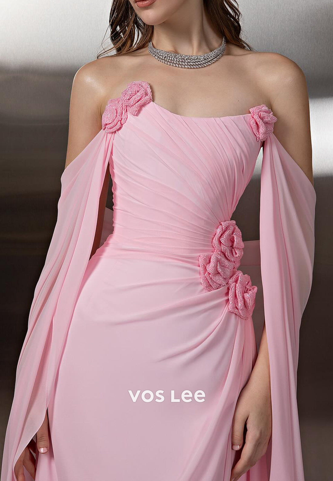 Chiffon Strapless Floral Embellished Pleated Sheath Prom Dresses