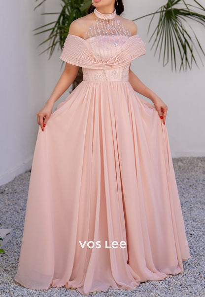 Blushing Pink A-Line Off the Shoulder Beaded Sequins Pleated Prom Dresses