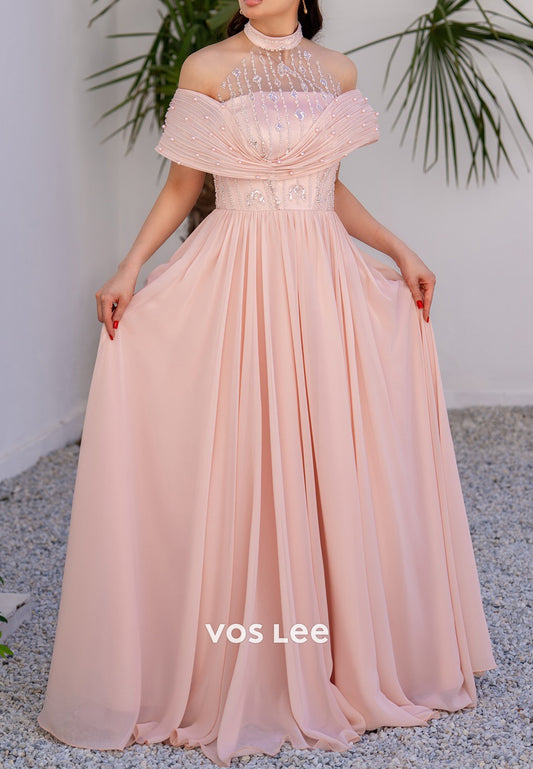 Blushing Pink A-Line Off the Shoulder Beaded Sequins Pleated Prom Dresses