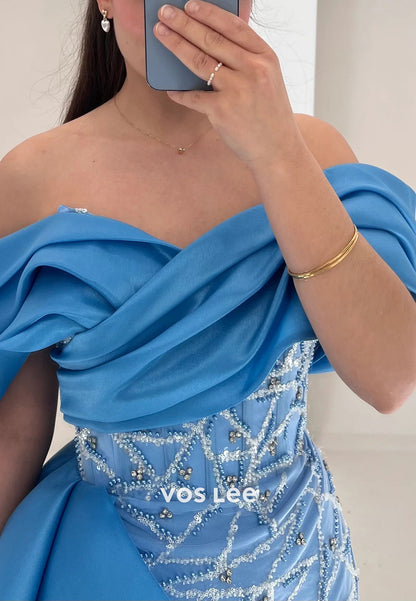 Off the Shoulder Fully Beaded Sequins Pleated Mermaid Evening Dresses with Sweep Train