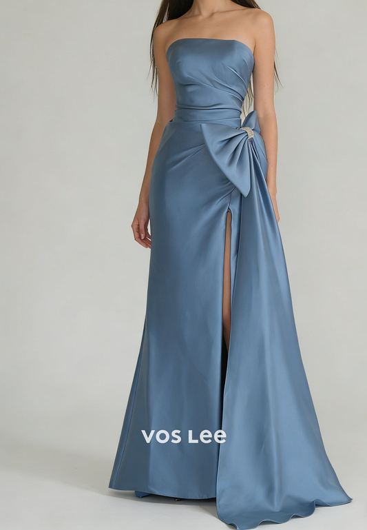 Elegant Sheath Strapless Satin Pleated Slit Long Prom Dress with Bow