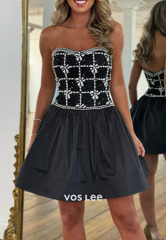 A-Line Sweetheart Pearl Sequins Embellished Ruched Homecoming Dresses