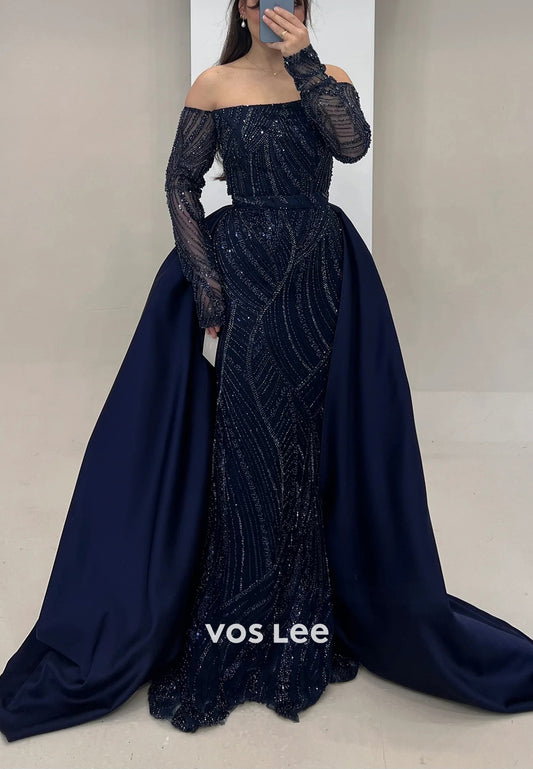 Long Sleeve Off the Shoulder Fully Beaded Mermaid Evening Dresses with Court Train