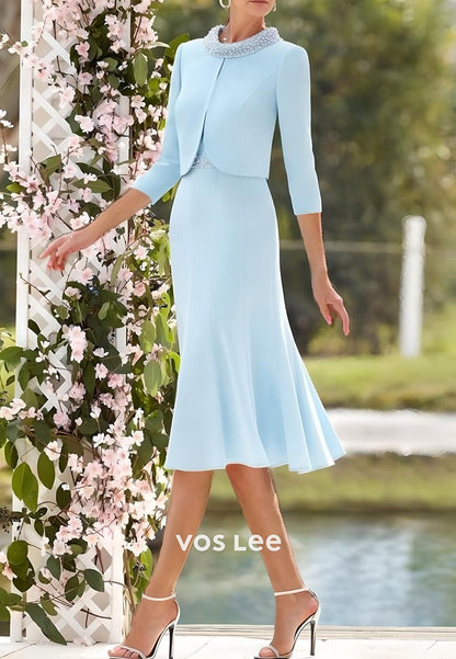 Sky Blue 3/4 Sleeve Scoop Beaded Tea-Length Mermaid Mother of Bride Dresses