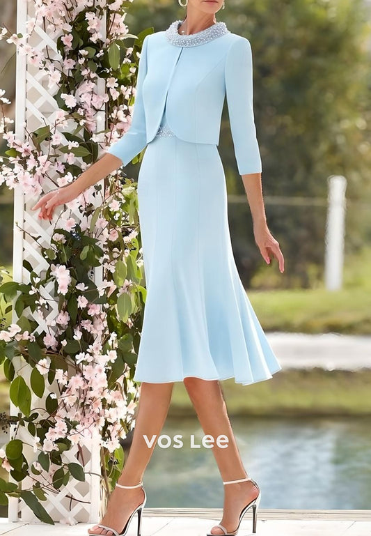 Sky Blue 3/4 Sleeve Scoop Beaded Tea-Length Mermaid Mother of Bride Dresses