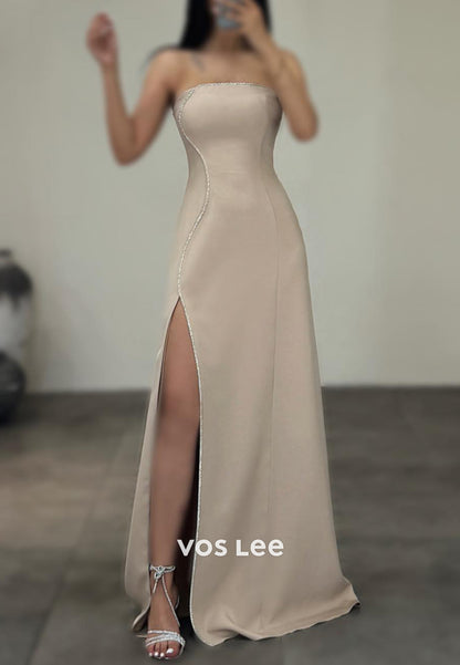 Simple & Casual Strapless Rhinestone Floor-Length Mermaid Evening Dresses with High Split