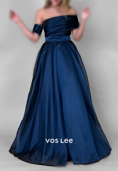 Classic A-Line One Shoulder Beading Pleated Split Evening Dresses with Sweep Train