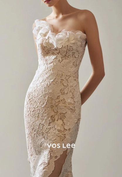 Strapless Asymmetrical Neck Appliques Lace Mermaid Wedding Dresses with Sweep Train