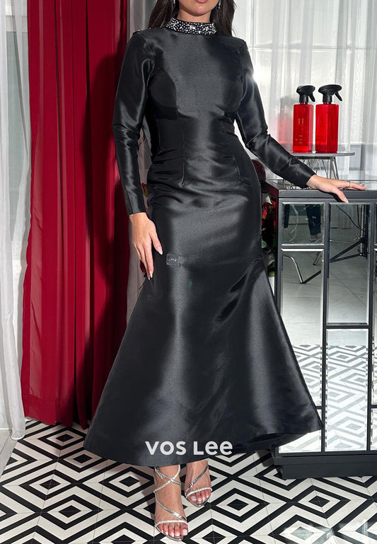 Black Long Sleeve High Neck Rhinestone Ankle-Length Sheath Evening Dresses