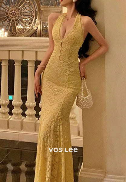 Classic & Timeless Halter Appliques Lace Ankle-Length Pleated Trumpet Evening Dresses