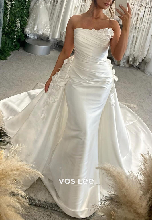 Strapless Floral Embellished Pleated Mermaid Wedding Dresses with Court Train