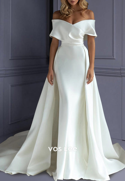 Simple & Classic Criss-Cross Off the Shoulder Mermaid Wedding Dresses with Court Train