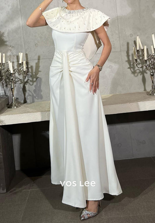 Scoop Rhinestone Beaded Embellished Satin Sheath Pleated Evening Dresses