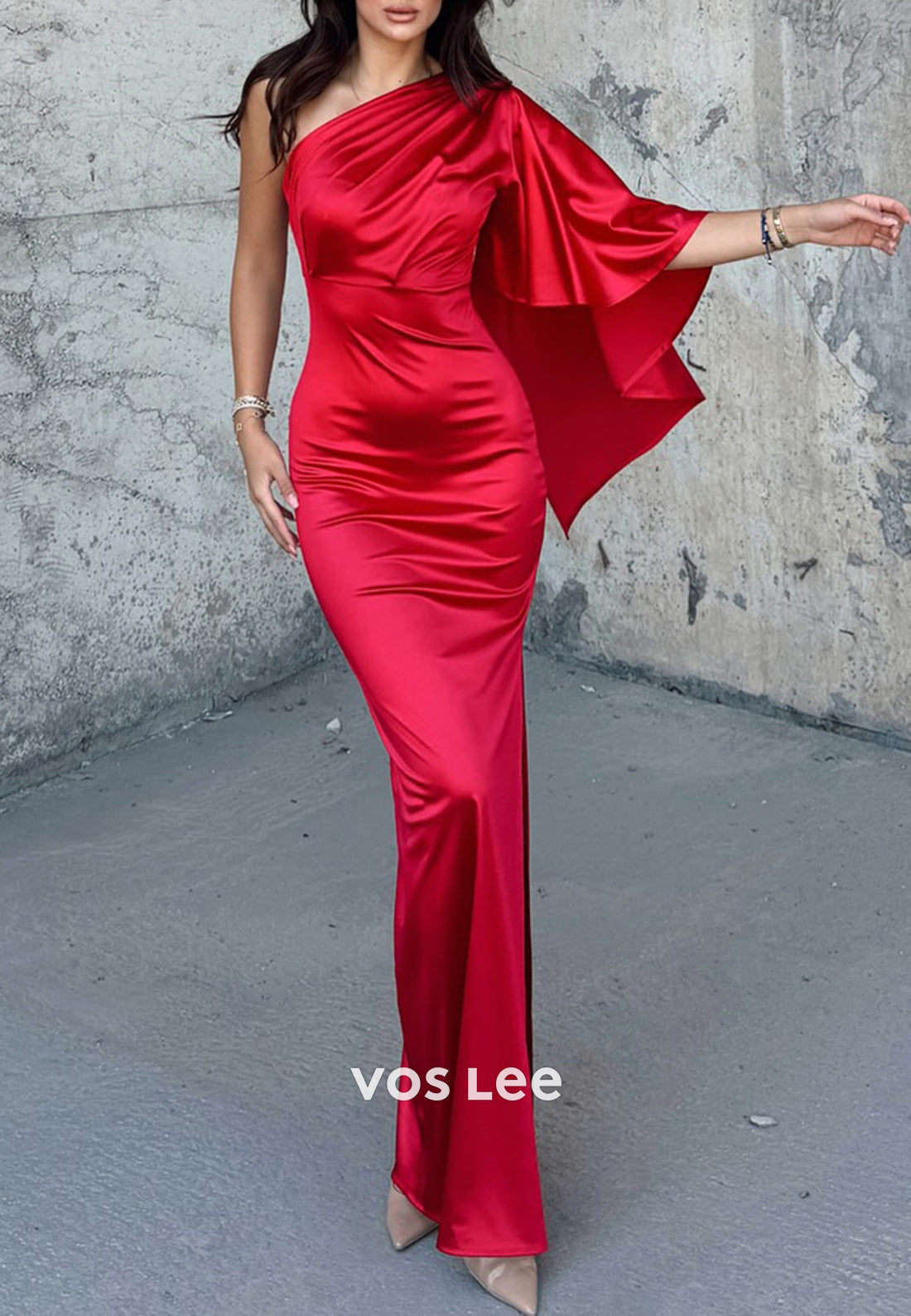 Classic One Shoulder Pleated Mermaid Evening Dresses with High Split