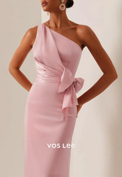 Pink One Shoulder Pleated Bowknot Sheath Ankle-Length Wedding Guest Dresses