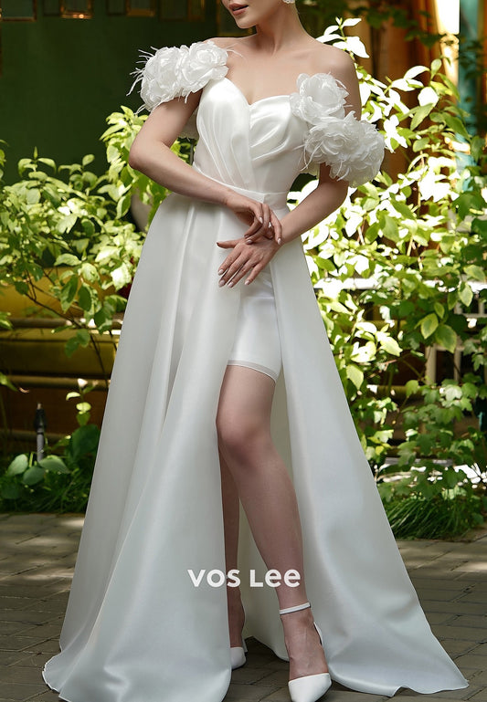 Flowers Off the Shoulder Pleated Floor-Length Wedding Dresses with High Split