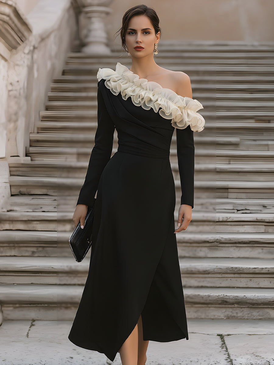 Asymmetric Ruffled Off-Shoulder Midi Dress