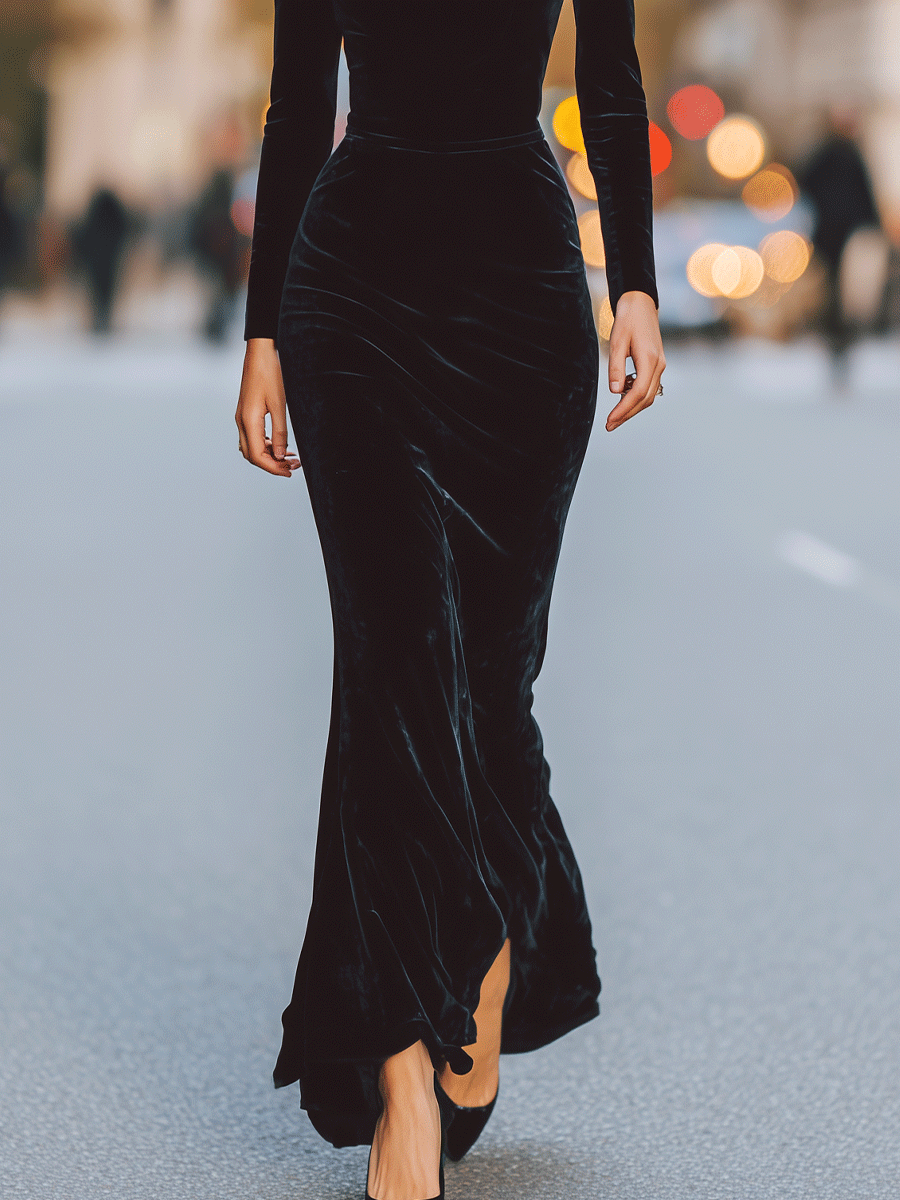 Black Velvet Long Sleeve Gown With Lace Yoke