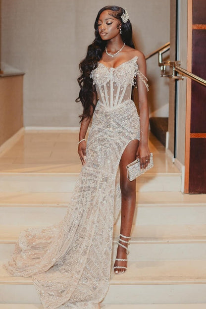 Gorgeous White Sweetheart Lace Side Slit Appliques Prom Dress