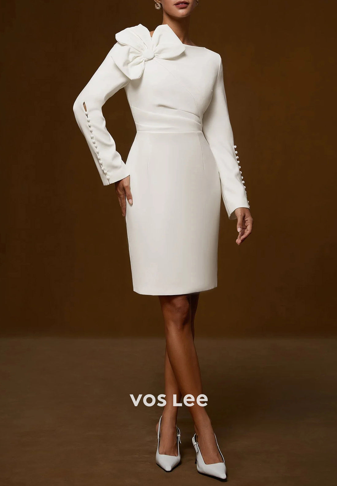 Glamorous & Dramatic Long Sleeve Scoop Bowknot Short Pleated Wedding Guest Dresses