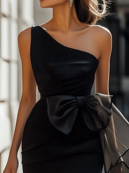 One-Shoulder Asymmetric Satin Dress With Sheer Bow Detail