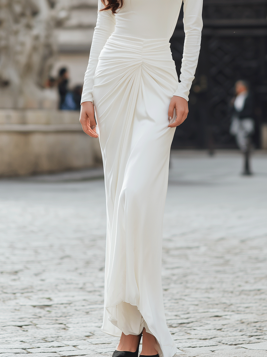 Draped Waist Long Sleeve Evening Gown
