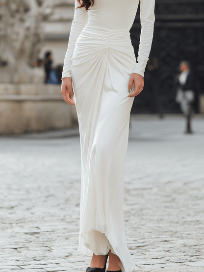Draped Waist Long Sleeve Evening Gown