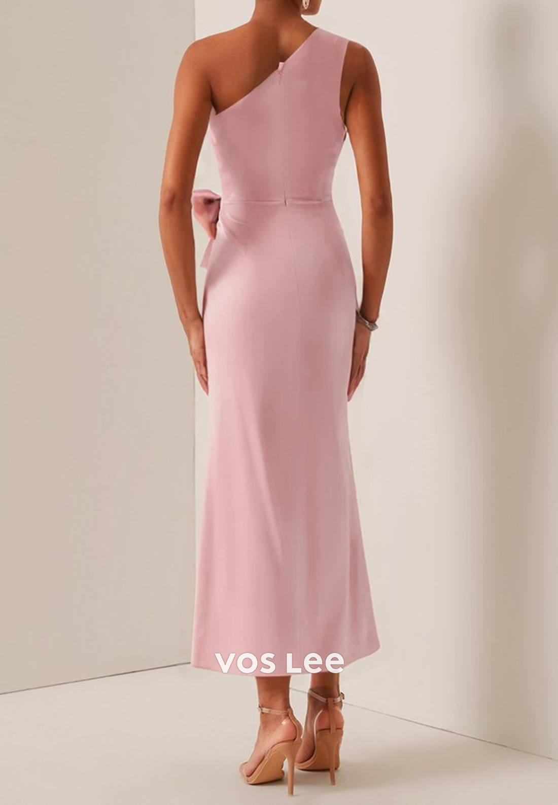 Pink One Shoulder Pleated Bowknot Sheath Ankle-Length Wedding Guest Dresses