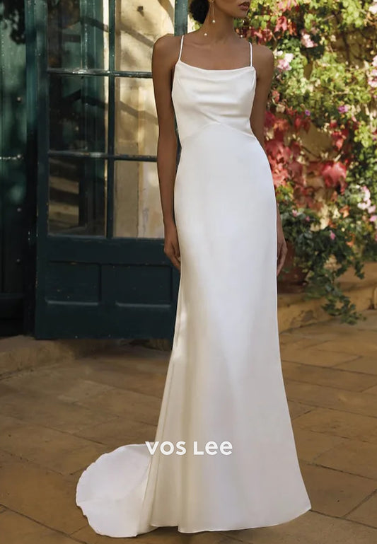 Sexy and Sleek Spaghetti Straps Square Sheath Wedding Dresses with Sweep Train