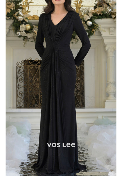 Long Sleeve V Neck Floor-Length Ruched Mermaid Mother of Bride Dresses