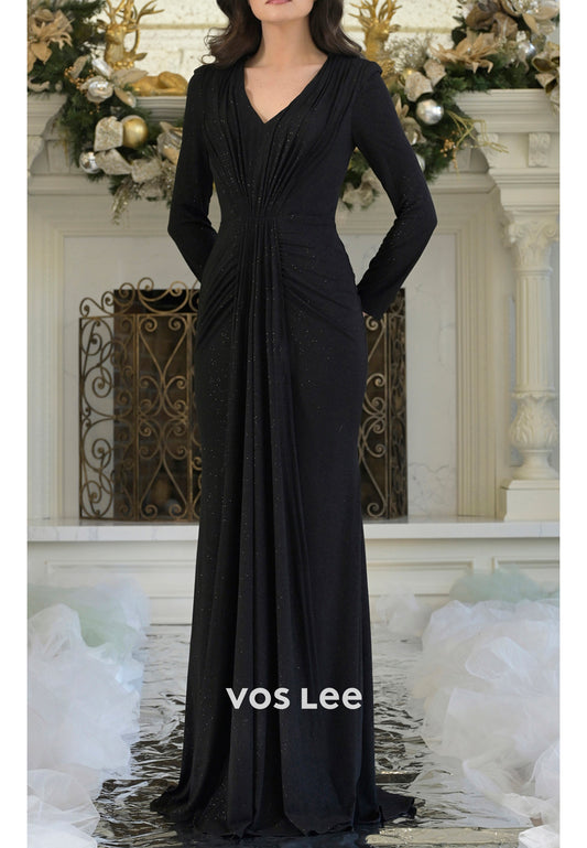 Long Sleeve V Neck Floor-Length Ruched Mermaid Mother of Bride Dresses