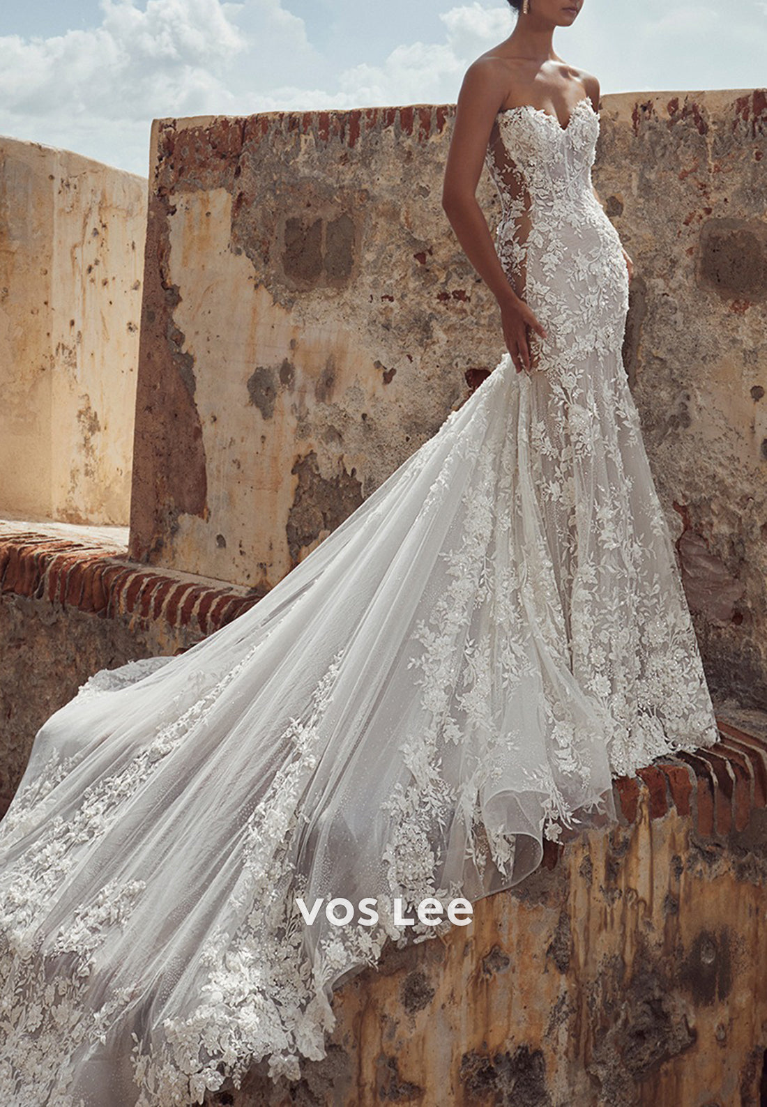 Detachable Long Sleeve Sweetheart Lace Appliques Mermaid Wedding Dresses with Court Train