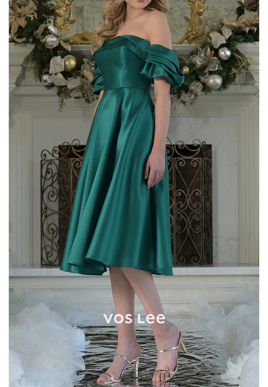 A-Line Dark Green Off the Shoulder Tea-Length Pleated Mother of Bride Dresses