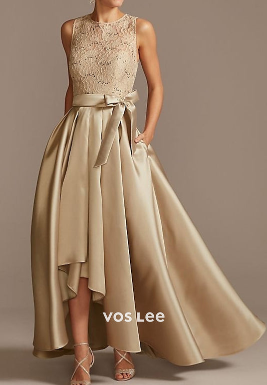 High Low A-Line Bowknot Floor-Length Mother of Bride Dresses with pocket