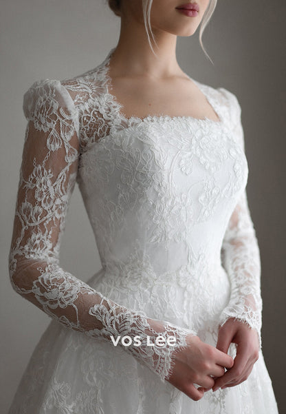 Long Sleeve Square Appliques Lace Pleated Wedding Dresses with Chapel Train