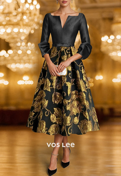 A-Line 3/4 Sleeve V Neck Floral Embossed Tea-Length Evening Dresses