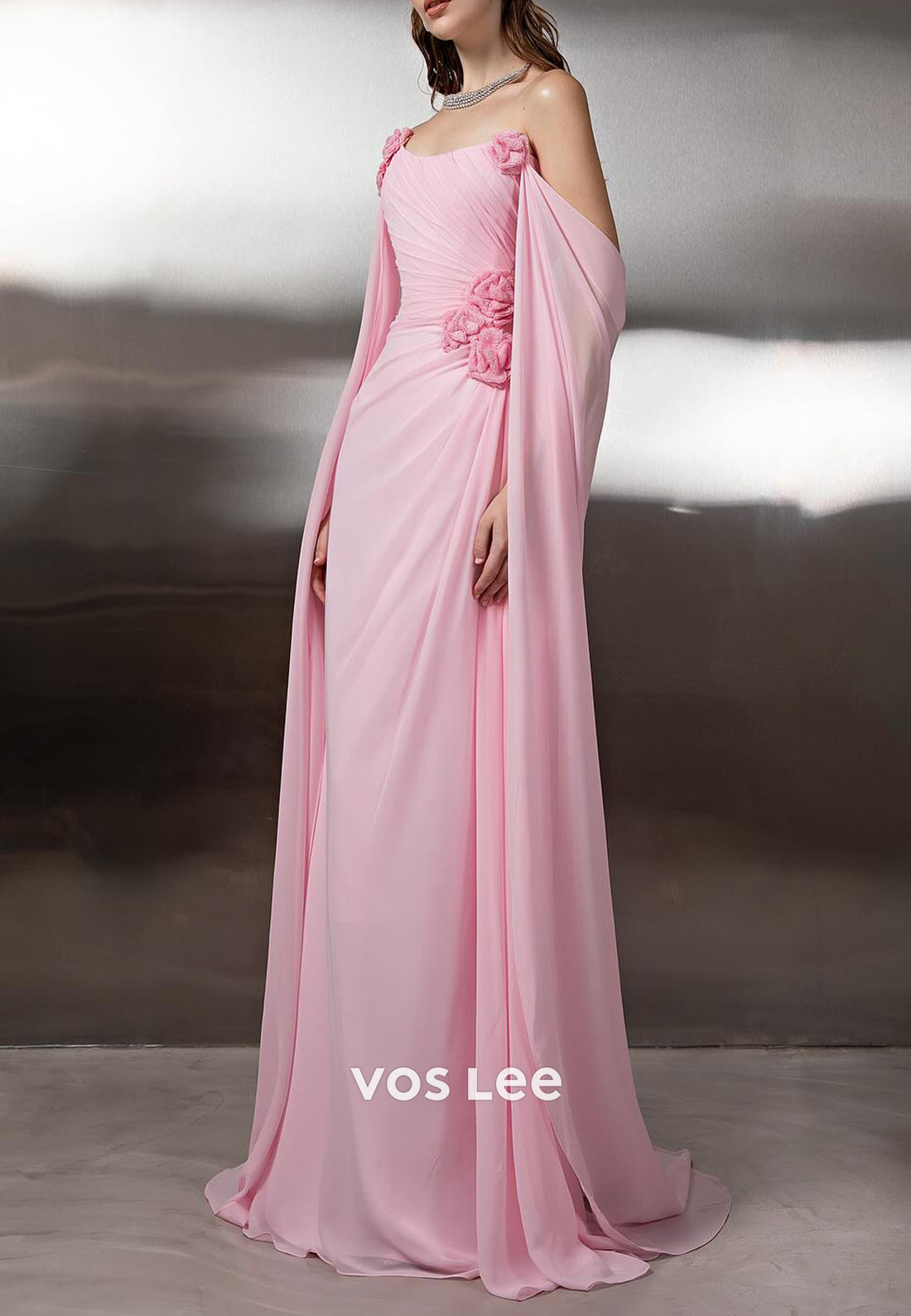 Chiffon Strapless Floral Embellished Pleated Sheath Prom Dresses