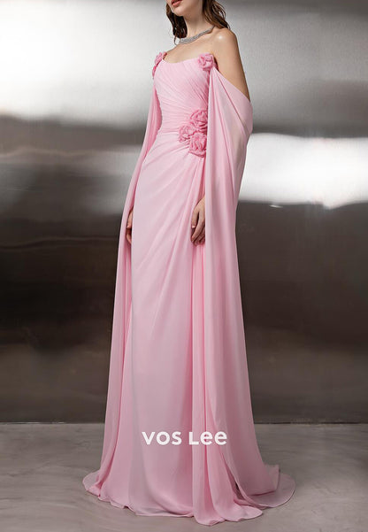 Chiffon Strapless Floral Embellished Pleated Sheath Prom Dresses