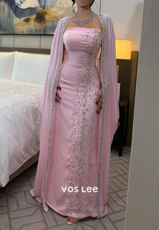 Sparkle & Shine Pink Beaded Rhinestone Floor-Length Mermaid Evening Dresses