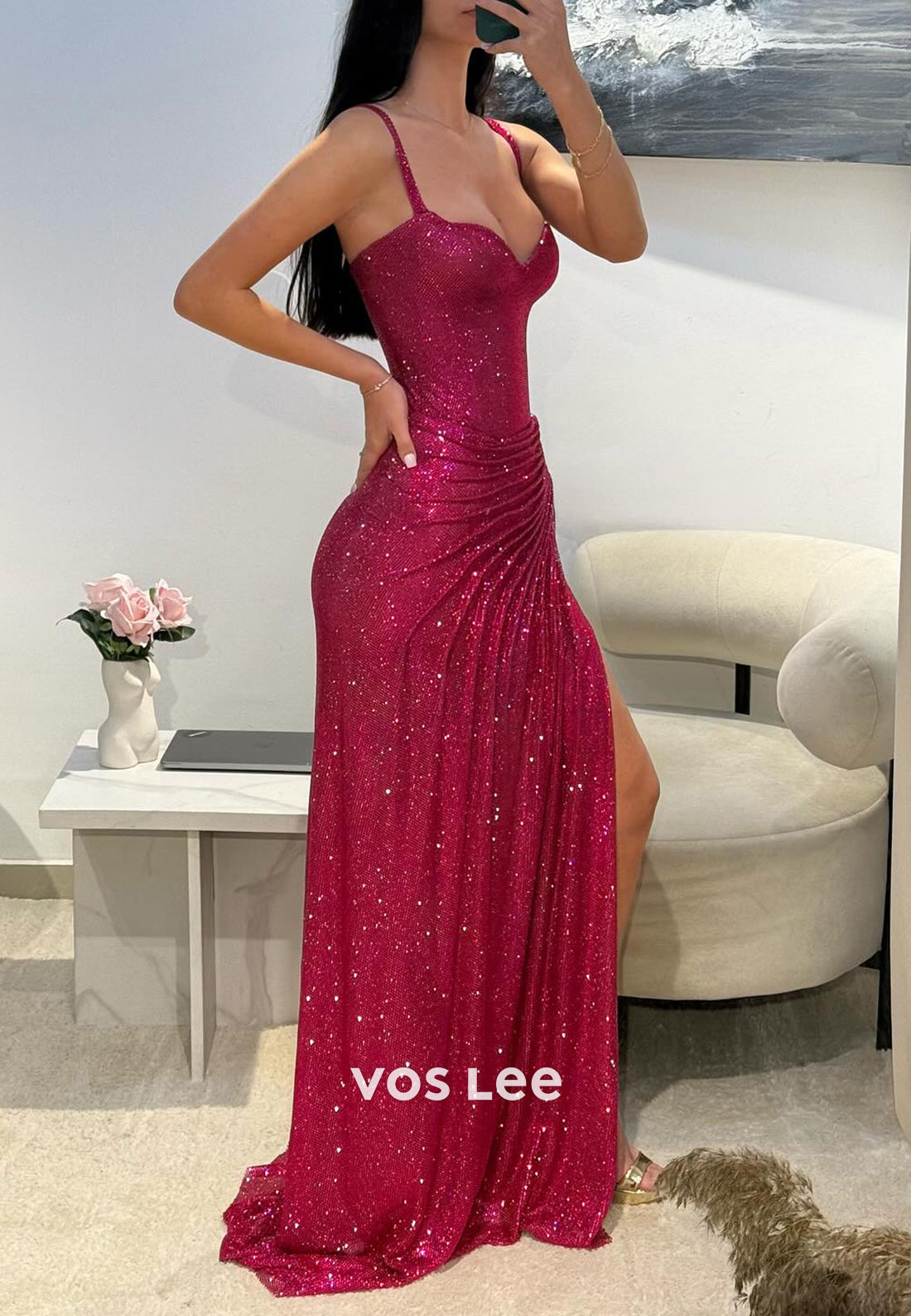 Elegant & Luxurious Spaghetti Straps Pleated Mermaid Evening Dresses with High Spilt