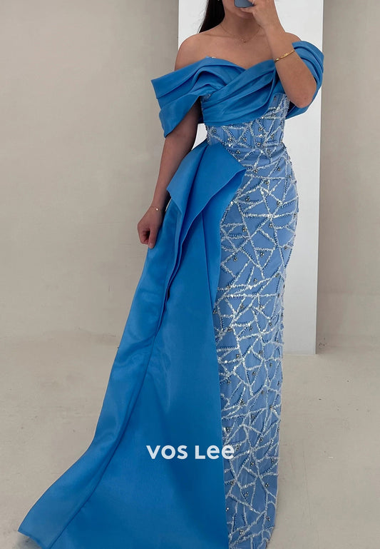 Off the Shoulder Fully Beaded Sequins Pleated Mermaid Evening Dresses with Sweep Train