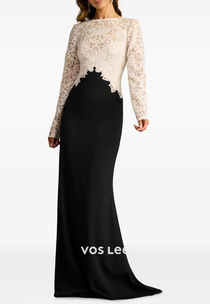 Long Sleeve Illusion Neck Appliques Lace Mermaid Evening Dresses with Sweep Train
