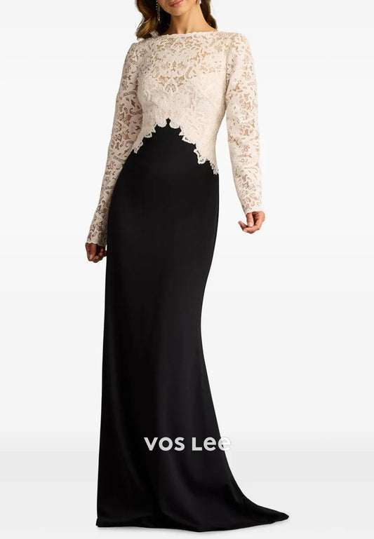 Long Sleeve Illusion Neck Appliques Lace Mermaid Evening Dresses with Sweep Train