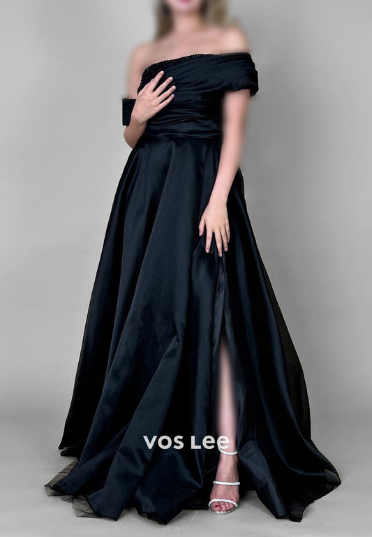 Classic A-Line One Shoulder Beading Pleated Split Evening Dresses with Sweep Train