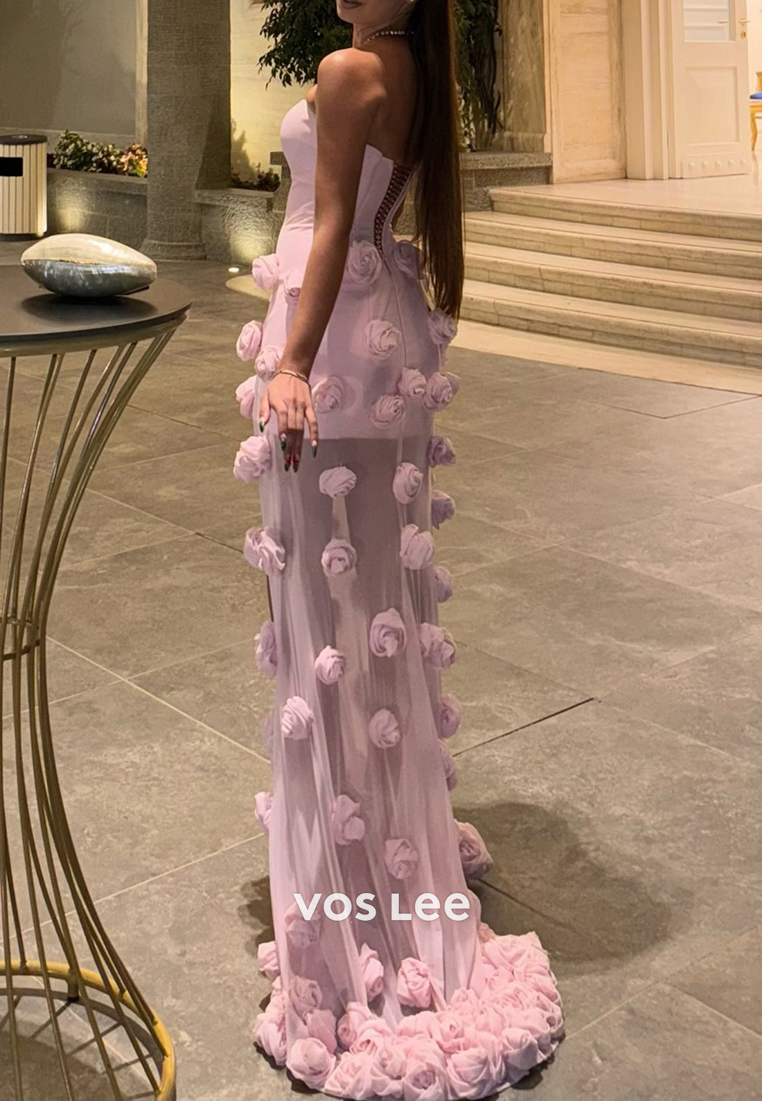 Pink Strapless Sweetheart Floral Embossed Sheath Prom Dresses with Sweep Train