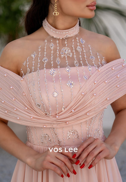 Blushing Pink A-Line Off the Shoulder Beaded Sequins Pleated Prom Dresses